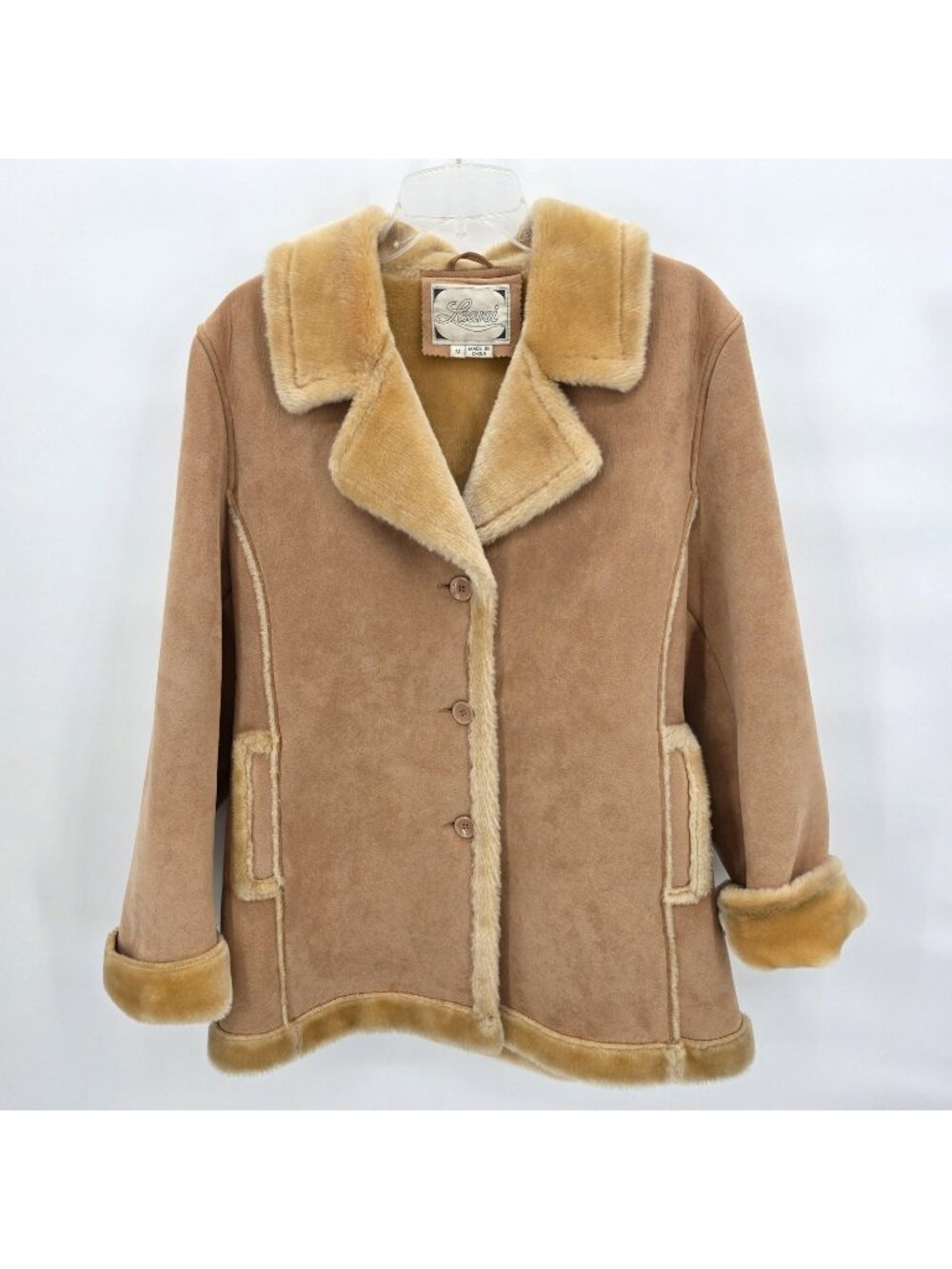 Womens Y2K Penny Lane Coat M Brown Faux Sherpa Fur Trim Button Overcoat Lined
